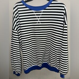 Striped Black and White Sweater with Blue Trimming